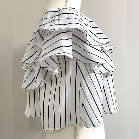 She + Sky Womens L White Blue Stripe Ruffle Flowy Crop Top Boho Y2K Maximalist - Picture 8 of 14